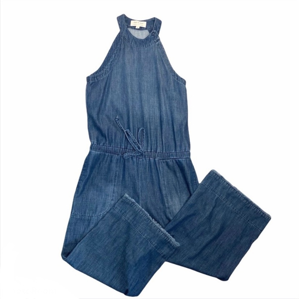 Cloth & Stone Bella Dahl Denim Wide Leg Jumpsuit Raw Hem High Neck Halter Romper - Picture 2 of 15